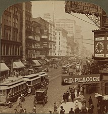 Photographie sépia ancienne d'une rue américaine peuplée de piétons, sur les trottoirs comme sur la chaussée, avec des tramways et des voitures à cheval.