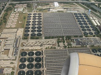 The Stickney Water Reclamation Plant, serving metropolitan Chicago, is the largest sewage treatment plant in the world. Stickney Water Reclamation Plant.jpg