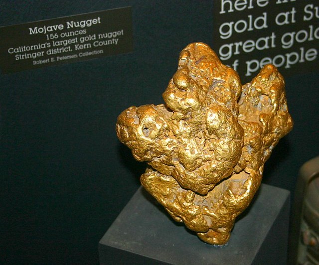 This 156-troy-ounce (4.9 kg) gold nugget, known as the Mojave Nugget, was found in 1977 by an individual prospector in the Southern California Desert 