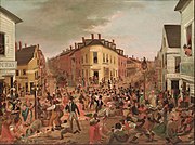 Satirical painting of the Five Points, ca 1827 : "highlighting the district’s renowned chaos and vulgarity, the figures in the painting fight, flirt, and generally misbehave amid dilapidated buildings"[2]