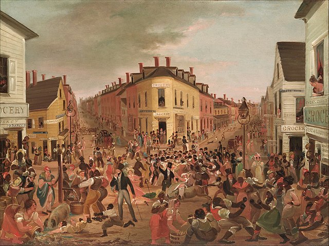 Five Points streets intersection painted by George Catlin in 1827. Anthony Street veers off to the left, Orange Street is to the right, and Cross Stre
