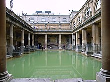 Aquae Sulis in Bath, England: architectural features above the level of the pillar bases are a later reconstruction. The Great Bath in Bath (UK).jpg