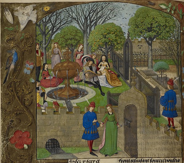 Detail of miniature, c. 1490s, showing a garden walled all round, with internal fencing of various kinds. The stone walls are unrealistically low for 