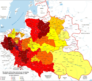Density of urban network of the Commonwealth per each voivodeship in 1650 The density of the urban network per voivodeship of Polish-Lithuanian Commonwealth ca. 1650 (Eng).png