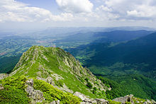 Panorama of the Balkan Mountains (Stara Planina). Its highest peak is Botev at a height of 2,376 m. Todorini kukli north.jpg