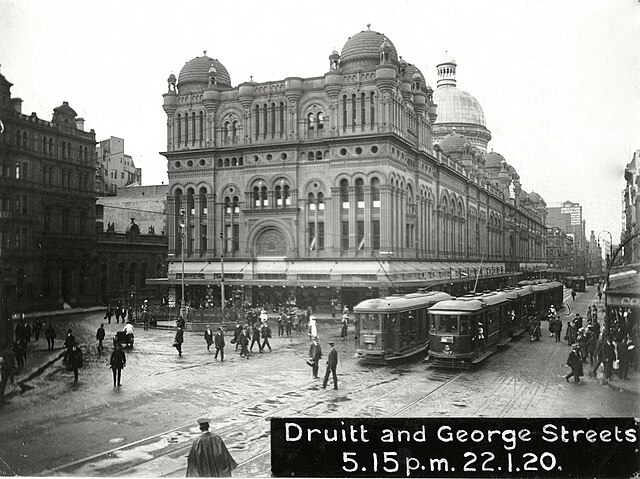 Queen Victoria Building with Sydney's former tram service in view, c. 1920.