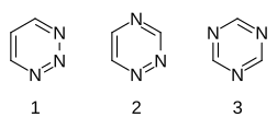 Triazinaren 3 isomeroak: 1) 1,2,3-triazina, 2) 1,2,4-triazina, 3) 1,3,5-triazina.