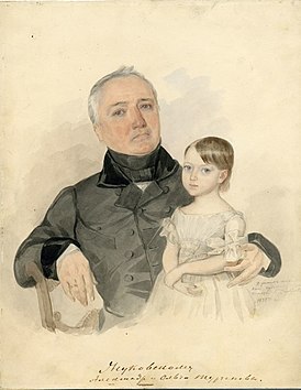 portret van A. M.  Toergenjev met dochter Olga door Kirill Gorbunov (1839)