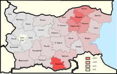Дял на турците, по области. (в проценти, %)