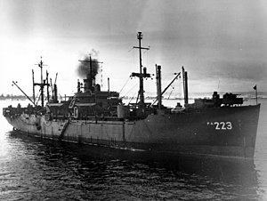 USS Pitt (APA-223) at anchor, circa in 1945 (USN 1044190).jpg