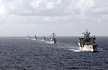 Wave Ruler (foreground), USS Mahan, Almirante Latorre, Sachsen, and USS Samuel B. Roberts navigate together in formation during an exercise. US Navy 070409-N-5459S-082 From right to left, RFA Wave Ruler (A390), USS Mahan (DDG 72), CS Almirante Latorre (FFG 14), FGS Sachsen (F 219), and USS Samuel B. Roberts (FFG 58) navigate together in formation during an exercise.jpg