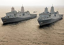 San Antonio-class LPDs US Navy 110609-N-VL218-336 The amphibious transport dock ships USS San Antonio (LPD 17) and USS New York (LPD 21) are underway together in the Atla.jpg