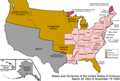 USA vid mitten av 1820-talet. Floridaterritoriet längst ner i sydöst.