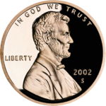 2002 Lincoln cent, obverse, proof with cameo United States penny, obverse, 2002.png