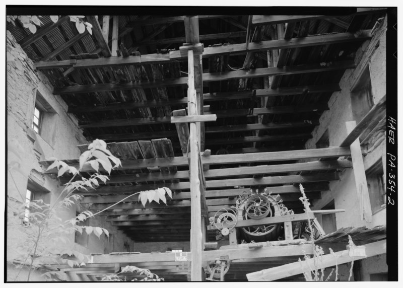 File:VIEW OF MILL SHOWING THE EXPOSED INTERIOR FRAMING; ON THE RIGHT IS A CARDING MACHINE - Lutz Woolen Factory, 1 mile South of U.S. 30 on East side of Township Route 2019, Everett, HAER PA,5-EVER.V,1-2.tif