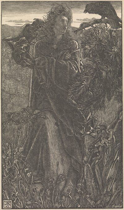 ワタリガラスと話すヴァルキュリャ（木版画、ジョーゼフ・スウェイン彫、フレデリック・サンディ絵、1862年）