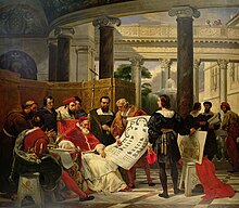 Jules II ordonnant les travaux du Vatican et de saint Pierre à Bramante, Michel-Ange et RaphaëlHorace Vernet, 1827Musée du Louvre[10]