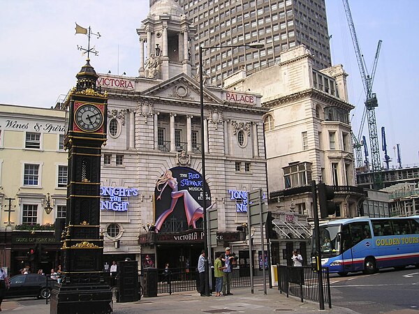 The "Little Ben" clock tower, and Victoria Palace Theatre