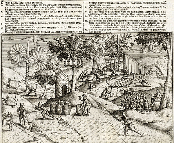 1601 engraving showing Dutch activities on the shore of Mauritius and the first published depiction of a dodo on the left (2, called "Walchvoghel")