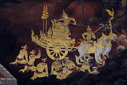 Hanuman on his chariot, a scene from the Ramakien in Wat Phra Kaew, Bangkok
