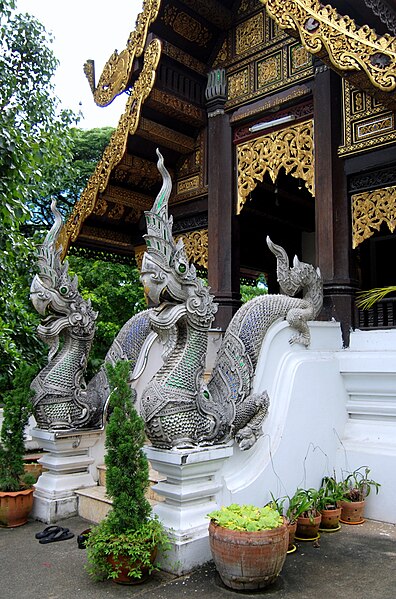 Nāgas and Makaras in front of a Wihan of the Wat Chet Yot in Chiang Mai (established in the 15th century under King Tilokaraj). Mythological creatures