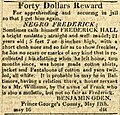Thumbnail for File:William Williams AKA Frederick Hall Runaway Slave Notice In American Commercial and Daily Advertiser, May 16, 1814.jpg
