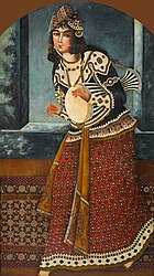 Woman with tombak drum, Qajar Iran, early 19th century CE.jpg