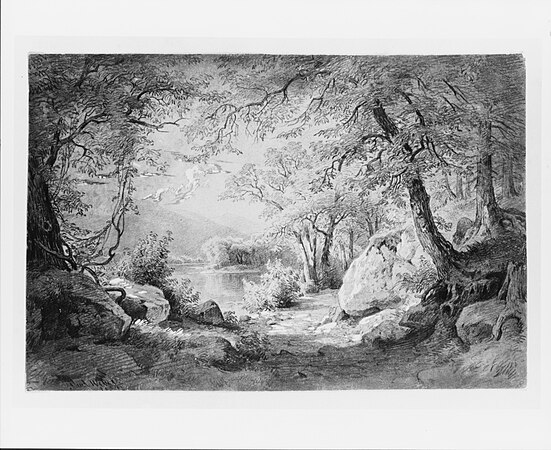 Wooded Landscape with Lake and Mountains, tresadenn, 1854