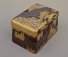 Writing lacquer box with Irises at Yatsuhashi, by Ogata Korin, Edo period (National Treasure) Writing Box Yatsuhashi bridge design.jpg