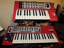 A picuture of a Nord Modular and a Nord Modular G2 synthesizers on a stand