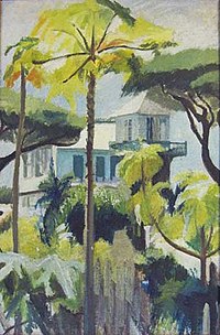 "Main Street, Georgetown" di Leila Locke.  Acrilico su tela tesa sopra la tavola, 73 x 50 cm, dipinto da Leila Locke intorno al 1968, Guyana.