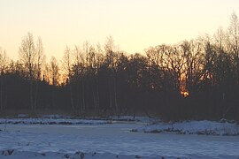 Зимний восход в Зверинце. Слева видна колокольня Покровского собора