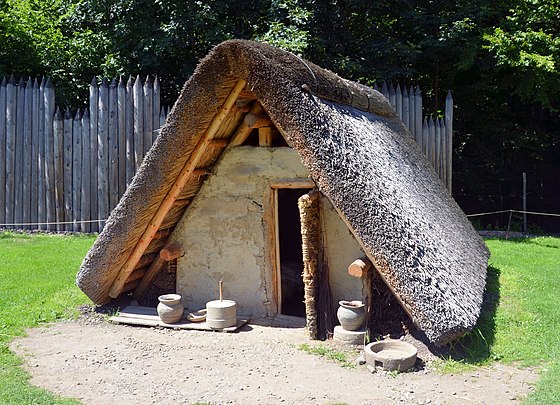 Reconstruction of a pit-house in Chotěbuz, Czechia