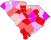 赤色はチェンバレンが優勢だった郡、桃色はグリーンが優勢だった郡。