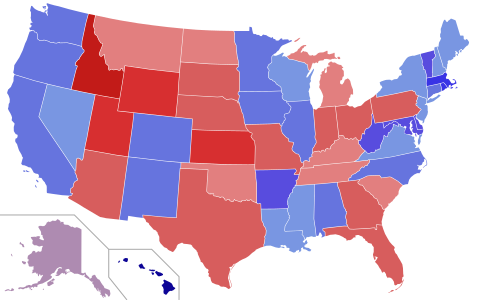 Upper house seats by party holding majority in each state Republican  50–60% 