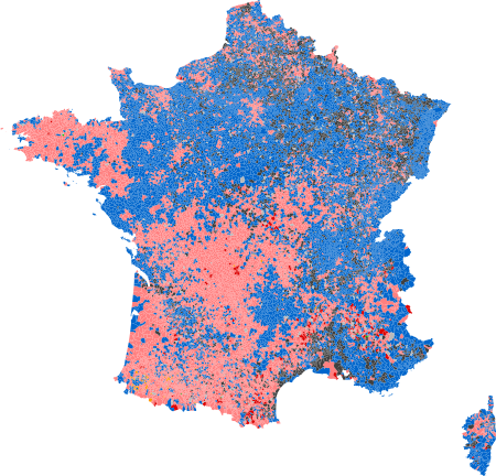 Results by commune for the 1st round of French presidential elections, 2012.     .mw-parser-output .legend{page-break-inside:avoid;break-inside:avoid-column}.mw-parser-output .legend-color{display:inline-block;min-width:1.25em;height:1.25em;line-height:1.25;margin:1px 0;text-align:center;border:1px solid black;background-color:transparent;color:black}.mw-parser-output .legend-text{}  Hollande   Sarkozy   Le Pen   Mélenchon       Bayrou   Joly   Dupont-Aignan   Tie