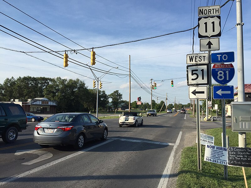 File:2016-08-24 18 02 04 View north along U.S. Route 11 and west along West Virginia State Route 51 (Winchester Avenue) at Gerrardstown Road in Inwood, Berkeley County, West Virginia.jpg