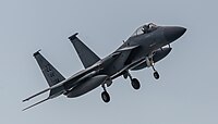 A US Air Force F-15C Eagle, tail number 85-0114, on final approach at Kadena Air Base in Okinawa, Japan.