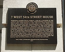 New York City Landmark plaque at building's entrance 7 W54 St plaque 2021 jeh.jpg