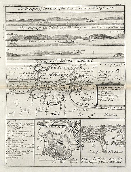 File:AMH-8153-KB Prospect, chart and two bird's eye views of Cayenne and a view of Cape Cassepourry on a single leaf.jpg