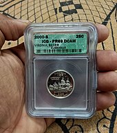 A slabbed US silver State quarter of Virginia in proof 69 deep cameo condition. A silver proof state quarter of USA, graded by ICG (Independent Coin Grading).jpg