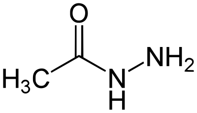 An example of an acylhydrazine. This compound has been called acetylhydrazide, acetohydrazide, or acetic acid hydrazide. Acetylhydrazine.svg