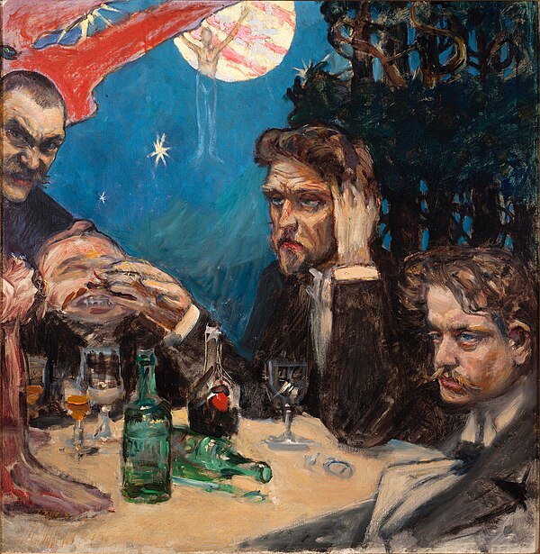 Problem (Symposium) depicting Akseli Gallen-Kallela, Oskar Merikanto, Robert Kajanus and Jean Sibelius, painted by Gallen-Kallela himself, 1894