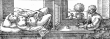 "Draughtsman Making a Perspective Drawing of a Reclining Woman" by Albrecht Durer, possibly from 1532, shows a man using a grid layout to create an image. The German Renaissance artist is credited with first describing the technique. Albrecht durer ray tracing enhanced.png
