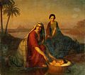 Yokébed et Myriam abandonnent Moïse sur le Nil. Tableau d'Alexeï Tyranov (1839-42)