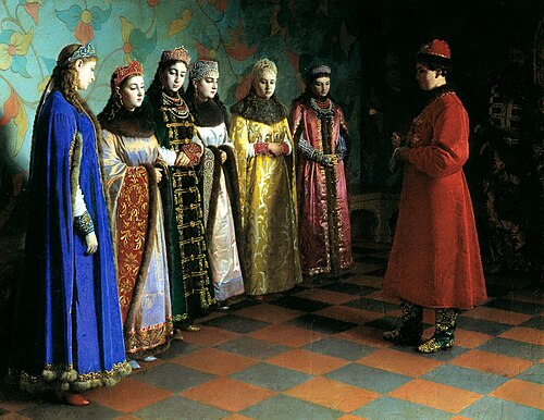 1882 painting of Tsar Alexis of Russia choosing his bride in 1648. Painting by Grigory Sedov.