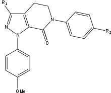 The structure of apixaban, before adjusting the moiety's for maximum potency Apixaban SAR.svg