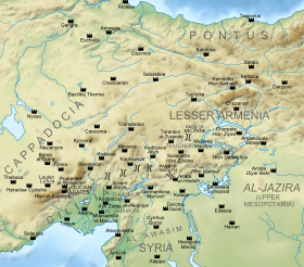 Геофизическая карта восточной Анатолии и северной Сирии, показывающая основные крепости во время арабо-византийских пограничных войн