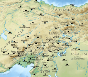 Geofyzikální mapa východní Anatolie a severní Sýrie, zobrazující hlavní pevnosti během arabsko-byzantských pohraničních válek