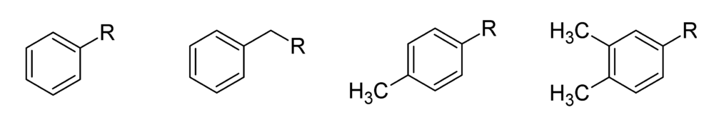 Een paar verschillende types benzeen afkomstig uit arylgroepen. V.l.n.r. fenyl, benzyl, tolyl, o-xylyl.